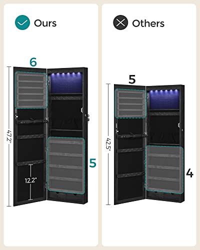 SONGMICS Falra Szerelhető Zárt Ékszeres Szekrény Tükrös Szekrény Tükrös Ajtónyitóval és Több Rekeszzel Falra Szerelhető Nyakláncokhoz, Fülbevalókhoz, Fekete