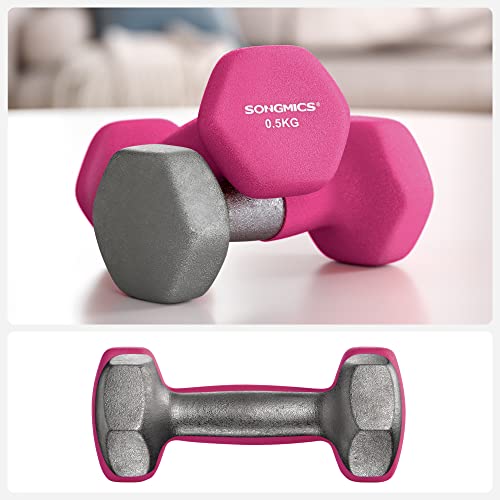 SONGMICS 2 db-os súlyzókészlet, 2 db 0,5 kg-os csúszásmentes neoprén bevonatú kézi súlyzók matt felülettel, otthoni edzés, fitnesz edzés, rózsaszín
