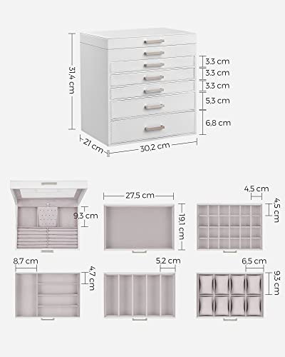 SONGMICS Ékszerdoboz, Ékszer Rendező, Nagy Ékszeresdoboz, 6 Szinttel és 5 Fiókkal, Fehér