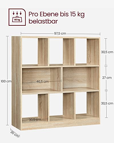 VASAGLE Könyvespolc, Fa Könyvszekrény, Szabadon Álló Tároló Egység Nappaliba, Hálószobába, Gyerekszobába, 97,5 x 30 x 100 cm méretben, tölgy színben,