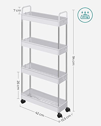 SONGMICS Tároló Kocsi, 4 Szintes Konyhai Tároló Kocsi, Fürdőszoba Kocsi, Kerekekkel és Fogantyúkkal, 40 x 13 x 93 cm méretben, Fehér színben,