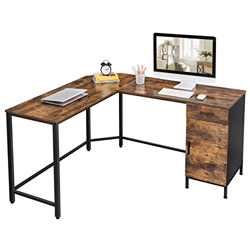VASAGLE Sarok íróasztal, L-alakú Számítógépasztal, Irodai asztal szekrény és fiókkal, Tanulás, Helytakarékos, Egyszerű összeszerelés, Acél, Ipari stílus, Rustikus barna és fekete