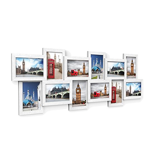 SONGMICS fotókeret kollázs 12 fényképhez 4" x 6" (10 x 15 cm) falra szerelhető képkeret, össze kell szerelni, fehér fa erezetű