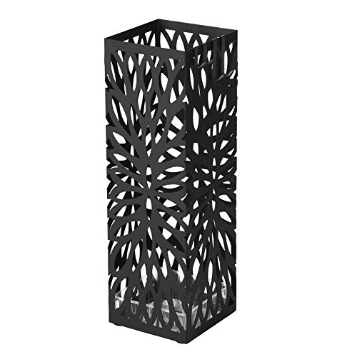 SONGMICS fém esernyőállvány, modern négyzet alakú esernyőtartó állvány, 15,5 x 15,5 x 49 cm, 4 kampóval és kivehető csepptálcával, előszobába, irodába, fekete