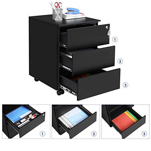 SONGMICS Mobil iratszekrény, Zárható, 3 fiókkal, Dokumentumok tárolása, Irodaszerek, Előre összeszerelt, Irodába, Otthoni irodába, 39 x 45 x 55 cm (H x Szé x Ma), matt fekete