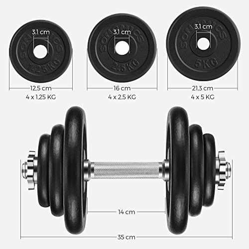 SONGMICS szett 2 db öntöttvas súlyzó, 2 x 20 kg-os súlytányérok, Férfi, Női edzéshez állítható, Acél markolat, Fitness edzés, Súlyemelés, Otthoni edzés, Fekete