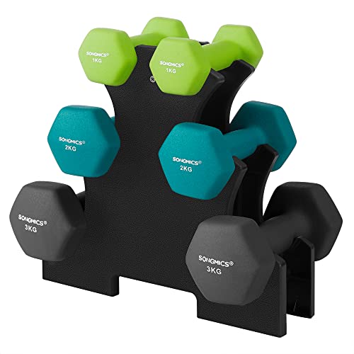 SONGMICS Hexa Súlyzók Készlet Állvánnyal - 2 x 1 kg, 2 x 2 kg, 2 x 3 kg, Neoprene Matt Kivitel, Kézi Súlyok Otthoni Edzéshez, Lime, Tengerzöld és Sötét Szürke