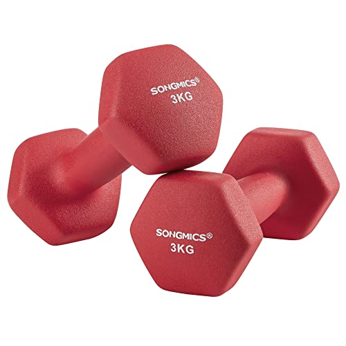 SONGMICS 2 db-os súlyzókészlet, 2 x 3 kg csúszásmentes neoprén bevonatú kézi súlyzó matt felülettel, otthoni edzés, fitnesz gyakorlat, piros