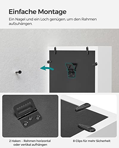 SONGMICS Képkeret, Képkeret Zsinórral, Csipeszes képkeret, Saját Készítésű Alkotásokhoz, Len Vászon Hátlappal, Üveg Előlappal és MDF Kerettel, Fehér színben,