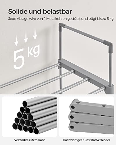 SONGMICS Cipőtartó, 10 szintes fém cipőtároló szervező, testreszabható tervezés, fém váz, helytakarékos állvány, Öltözőbe, Előszobába, 30 x 45 x 174 cm méretben, Szürke színben,