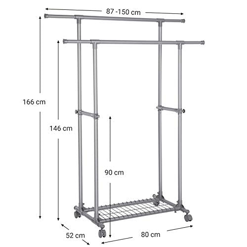 SONGMICS Dupla Ruhásszárító, Kinyitható Ruhaszárító, 87-150 cm-ig, Golyós Ruhaszárító polc, Robusztus Szerkezet, Max. Statikus Terhelés 70 kg, Ruhákhoz, Sálakhoz, Szürke