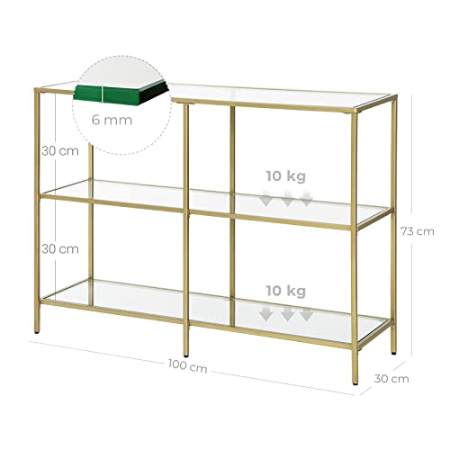 Konzolasztal, 3 polccal, gold arany fém kerettel és biztonsági üveggel, modern, előszobába, nappaliba, hálószobába, arany, 100 x 30 x 73 cm, VASAGLE