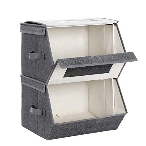 SONGMICS Set of 2 Stackable Storage Bins with Transparent Windows, Magnetic Lid and Side Handles, for Toys, Clothes, Gray and Beige