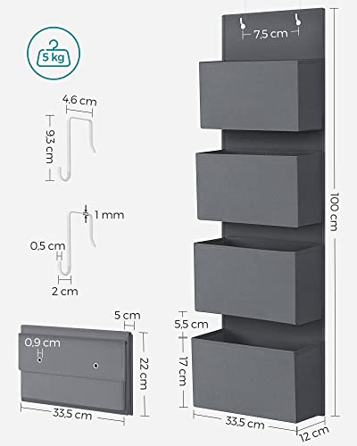 SONGMICS ajtó feletti tároló 4 zsebbel, fali tárolórendszerrel, praktikus és tágas, gyerekszobába irodába hálószobába, 33,5 x 12 x 100 cm, szürke