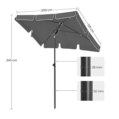 SONGMICS négyszögletes erkély napernyő 2 x 1,25 m, UPF 50+ védelem, dönthető napernyő, PA-bevonatú ernyő, táskával, kerti napernyő, talp nem tartozék, szürke