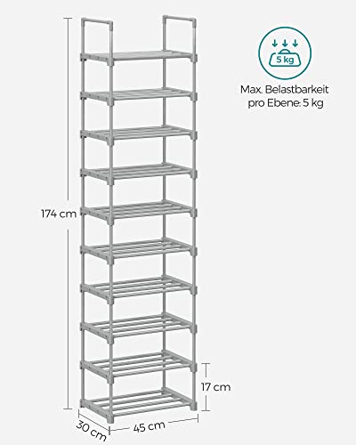 SONGMICS Cipőtartó, 10 szintes fém cipőtároló szervező, testreszabható tervezés, fém váz, helytakarékos állvány, Öltözőbe, Előszobába, 30 x 45 x 174 cm méretben, Szürke színben,