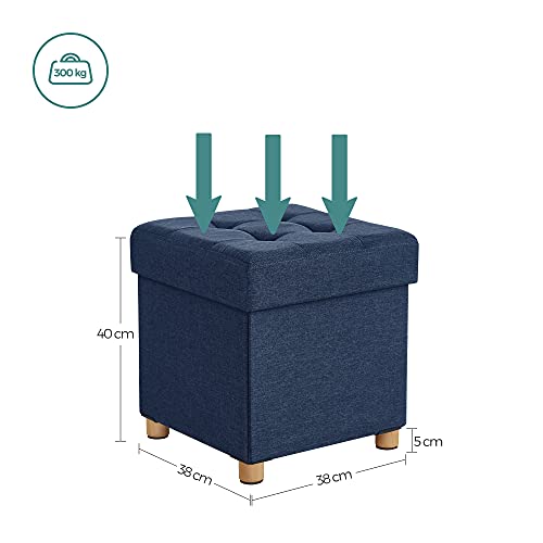 SONGMICS  Párnás Tárolós Pad, Párnázott Összecsukható Pad, Lappal és Szilárdfa Lábakkal, Helytakarékos, Akár 300 kg-ig terhelhető, Tengerkék színben,