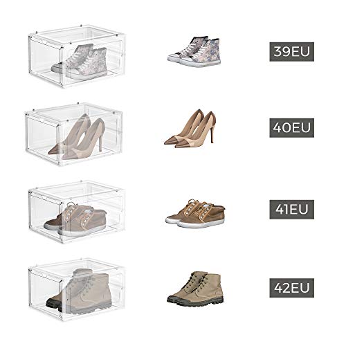 SONGMICS Cipősdobozok, Műanyag cipőtároló szervezők átlátszó ajtókkal, 6 darab készlet, Halmozható, Könnyű összeszerelés, 27 x 34,5 x 19 cm méretben, 44-es méret, Fehér színben,