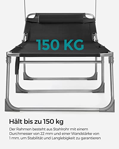 SONGMICS Fekvőszék, Napágy, Nagy Dönthető Napozószék, 71 x 200 x 38 cm, Terhelhetőség 150 kg, Fejtámlával, Dönthető Háttámlával, Napernyővel, Összecsukható, Kertbe, Fekete