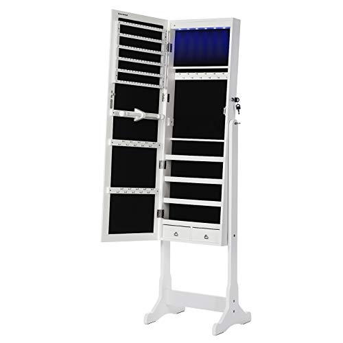 SONGMICS LED ékszerszekrény, teljes hosszúságú tükrös ékszerszekrény, zárható ékszertartó 2 fiókkal, erős és stílusos, fehér