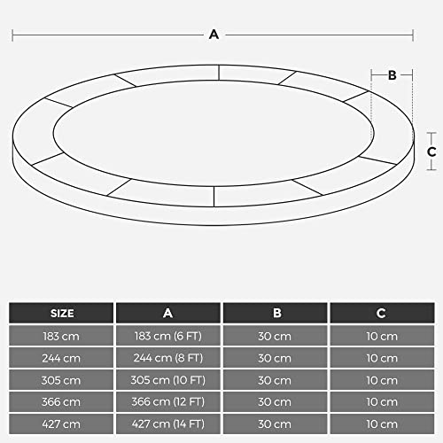 SONGMICS csere trambulin szőnyeg, 324 cm átm. Ugrószőnyeg, 366 cm-es kerek trambulinokhoz illeszkedik, 72 V-gyűrűvel 13,5-14 cm hosszú rugókhoz, fekete STB12BK