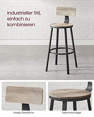 VASAGLE  Bárszékek, Konyhai Székek Fém Kerettel, Ülésmagasság 73,2 cm, Egyszerű Szerelés, Ipari Design, Greige Fekete 2 db Szettben