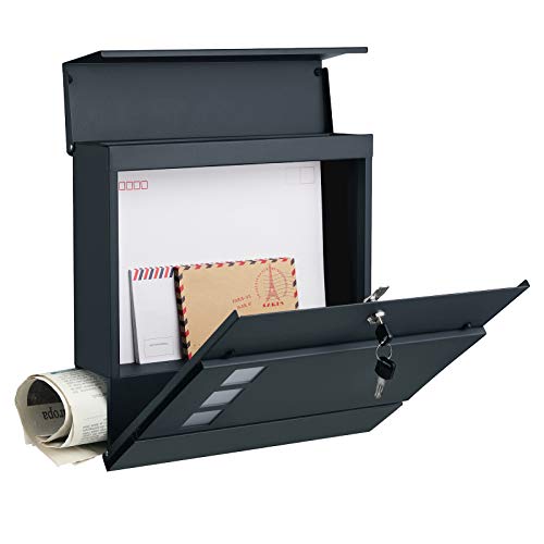 SONGMICS Modern postaláda, Zárható falra szerelhető postafiók újságtartóval, könnyen felszerelhető, antracitszürke GL13728