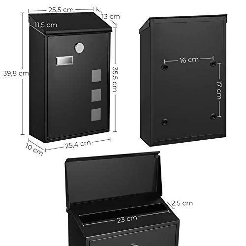 SONGMICS Modern postaláda, Falra szerelhető postaláda, Réz mag forgatható kupakkal, Névtábla, Könnyen felszerelhető, Fekete