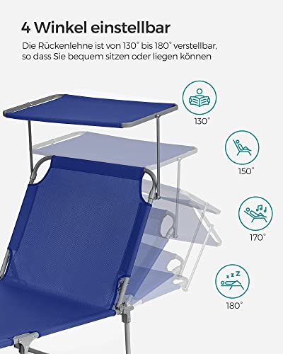 SONGMICS Fekvőszék, Napágy, Nagy Dönthető Napozószék, 71 x 200 x 38 cm, Terhelhetőség 150 kg, Fejtámlával, Dönthető Háttámlával, Napernyővel, Összecsukható, Kertbe, Sötétkék