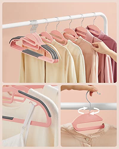 SONGMICS Set of 20 Plastic Hangers, Coat Hangers with U-Shaped Opening, Non-Slip, Space-Saving, 0.5 cm Thick, 41.5 cm Long, 360° Swivel Hook, Pink and Dark Grey