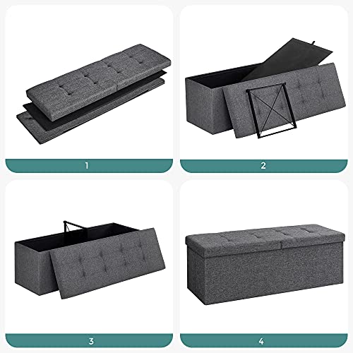 SONGMICS 120L Tároló Puff Pados Ülőke, Fordítható Fedéllel, 300 kg Terhelhetőség, 110 x 38 x 38 cm (H x SZ x M), Sötét Szürke