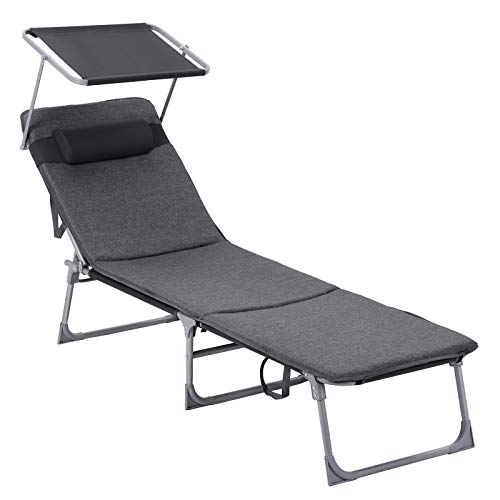 SONGMICS Napozóágy, Napágy, 3 cm vastag Matraccal, Fejtámlával, Dönthető háttámlával, Napellenzővel, Összecsukható, 53 x 193 x 29,5 cm méretben, Maximális terhelhetőség 150 kg, Kertbe, Teraszra, Sötétszürke színben,