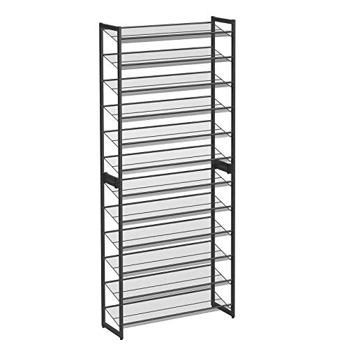 SONGMICS 12-Szintes Cipőtartó, 2 darab Egymásra Helyezhető 6-Szintes Cipőszervező, 48-60 pár cipő, Nagy Kapacitás, Fém Hálós Cipőpolc Tárolás, Állítható Lapos vagy Döntött Polcok, Fekete