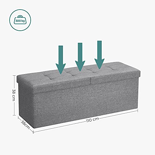 SONGMICS 120L Összehajtható Puff Pados Tároló Láda Tároló Kocka Fordítható Fedéllel Cipő Pados Ülőke 300 kg Terhelhetőség Világos Szürke 110 x 38 x 38 cm