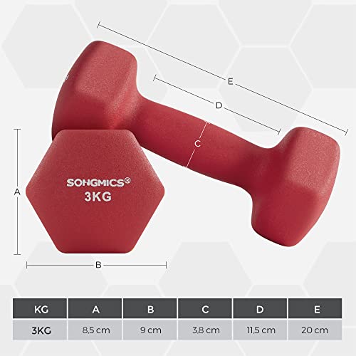 SONGMICS 2 db-os súlyzókészlet, 2 x 3 kg csúszásmentes neoprén bevonatú kézi súlyzó matt felülettel, otthoni edzés, fitnesz gyakorlat, piros