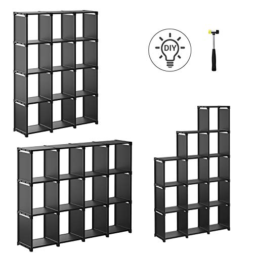 SONGMICS Kocka Tároló, 12 Kockás Könyvespolc, Saját Ruhatár Szervező, Tároló Polc Nappaliban, Gyerekszobában, Fürdőszobában 105 x 30 x 140 cm, Gumikalapácsot Tartalmaz, Fekete