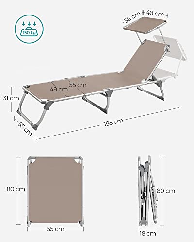 SONGMICS Sun Lounger, Sunbed, Reclining Sun Chair with Sunshade, Adjustable Backrest, Foldable, Lightweight, 55 x 193 x 31 cm, Load Capacity 150 kg, for Garden, Patio, Taupe Colour