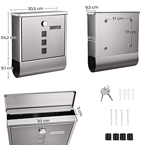 SONGMICS Levéldoboz, Falra Szerelhető Postafiók, Rézmagvú Lánczárral, Újság Tartóval, Rálátási Ablakkal és Névplakettel, Könnyen Szerelhető, Ezüst