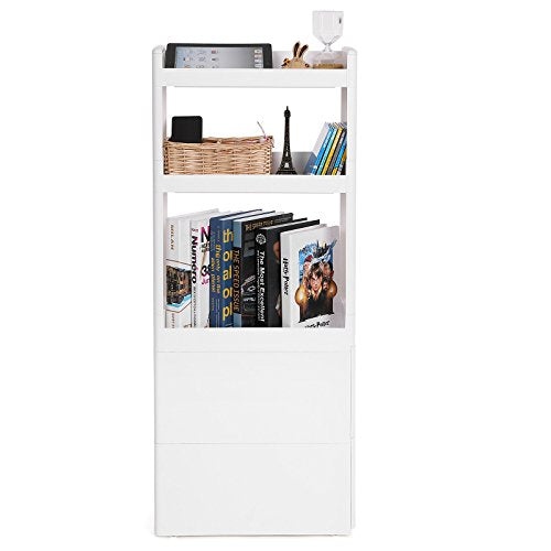 SONGMICS keskeny 3 polcos 2 fiókos süllyesztett szekrény kerekekkel a konyhához, fürdőszobához és pincéhez 17 cm széles fehér , 45 x 17 x 106,5 cm