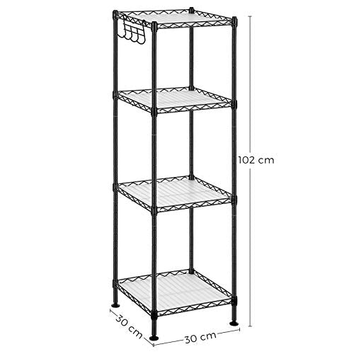 SONGMICS Fürdőszoba Polc, 4 Szintes Drótfalpolc Egység, Fém Tároló Polc, Összes Teherbírás 80 kg, 4 PP Lapos, Levehető Akasztókkal, 30 x 30 x 102 cm Kis Helyiségekhez, Fekete