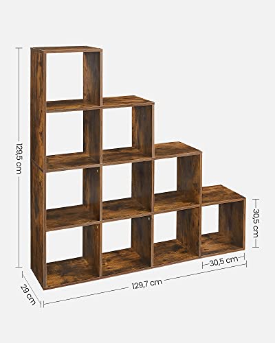 VASAGLE Könyvespolc, 10 Polcos Könyvszekrény, Szobaválasztó, Szabadon Álló Polc, 10 Rekesz, 129,5 x 29 x 129,5 cm méretben, Nappaliba, Hálószobába, Tanulószobába, Rusztikus Barna színben,