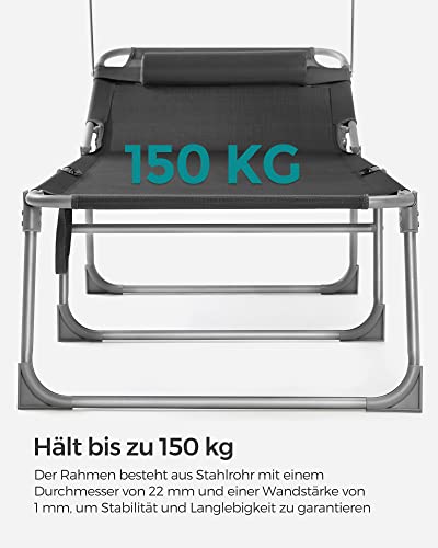 SONGMICS Fekvőszék, Napágy, Nagy Dönthető Napozószék, 71 x 200 x 38 cm, Terhelhetőség 150 kg, Fejtámlával, Dönthető Háttámlával, Napernyővel, Összecsukható, Kertbe, Füstszürke