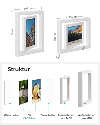 SONGMICS  2 db forgatható képkeret 5 x 7 hüvelykes fényképekhez 2 üveglappal álló vagy függeszthető MDF fehér
