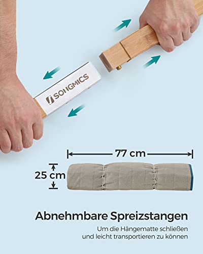 SONGMICS párnázott dupla függőágy, függőágy levehető ívelt bambusz tartórudakkal, lengőágy párnával, oxfordi szövet, 200 x 140 cm, terhelhetőség 225 kg, kék és bézs