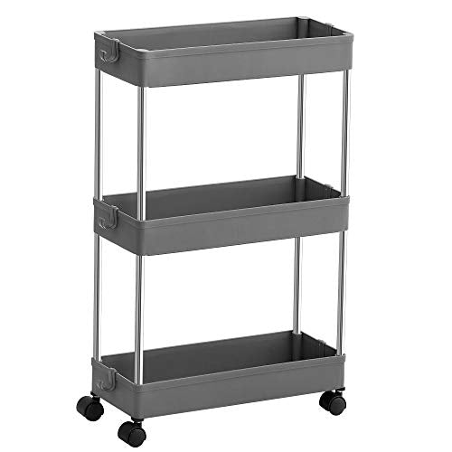 SONGMICS 3-Szintes Tároló Kocsi, Konyhai Kocsi Kerekekkel, Szűk Kocsi Konyhába, Fürdőszobába, Irodába vagy Kis Helyiségekbe, 42 x 13.5 x 61 cm, Szürke
