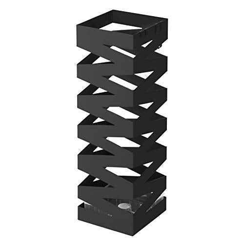 SONGMICS fém esernyőtartó, négyzet alakú esernyőtartó állvány, akasztókkal és csepptálcával, 15,5 x 15,5 x 49 cm, fekete