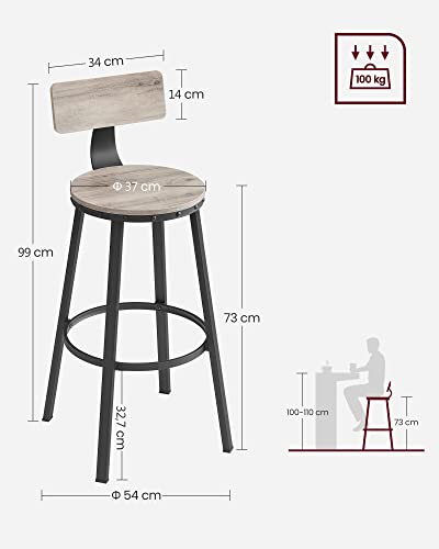 VASAGLE  Bárszékek, Konyhai Székek Fém Kerettel, Ülésmagasság 73,2 cm, Egyszerű Szerelés, Ipari Design, Greige Fekete 2 db Szettben