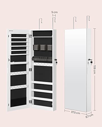 SONGMICS Ékszerszekrény Armoire, Zárható falra szerelhető tároló rendszerező egység 2 műanyag kozmetikai tároló tálcával, teljes hosszúságú keret nélküli tükör, nyaklánchoz fülbevalóhoz, fehér