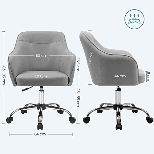 SONGMICS irodai szék, kényelmes asztali szék, állítható magasságú számítógép szék, 120 kg, acél váz, művászon, légáteresztő, otthoni iroda, irodai, világosszürke