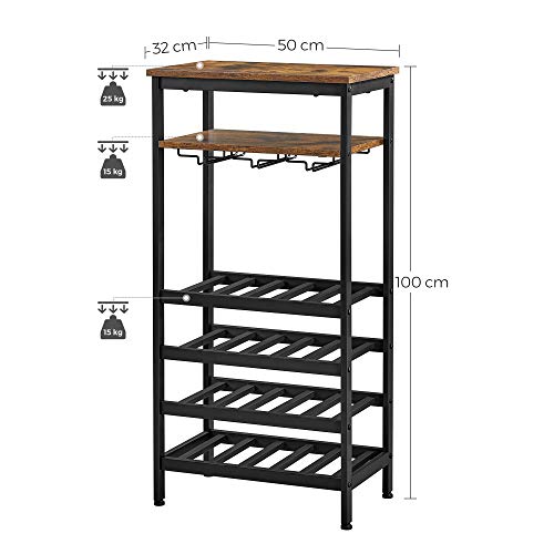 VASAGLE Boros Polc, 20 Palack Számára, Bor Tartó, Palacktartóval és Pohártartóval, Pince, Konyha, Étkező számára, Ipari Stílus, 50 x 32 x 100 cm méretben, Régies Barna és Fekete színben,